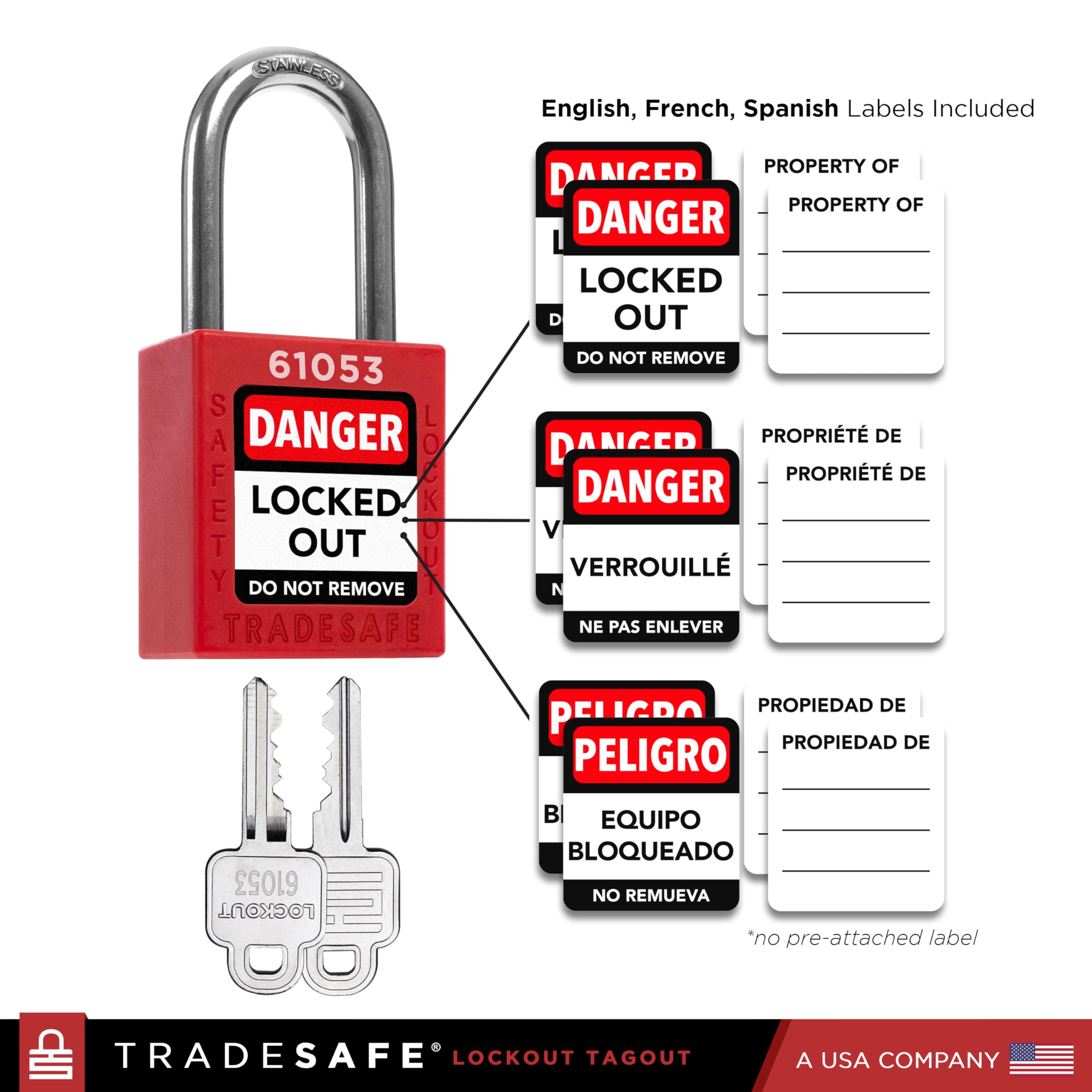 TRADESAFE lockout lock with stainless steel shackle for durability