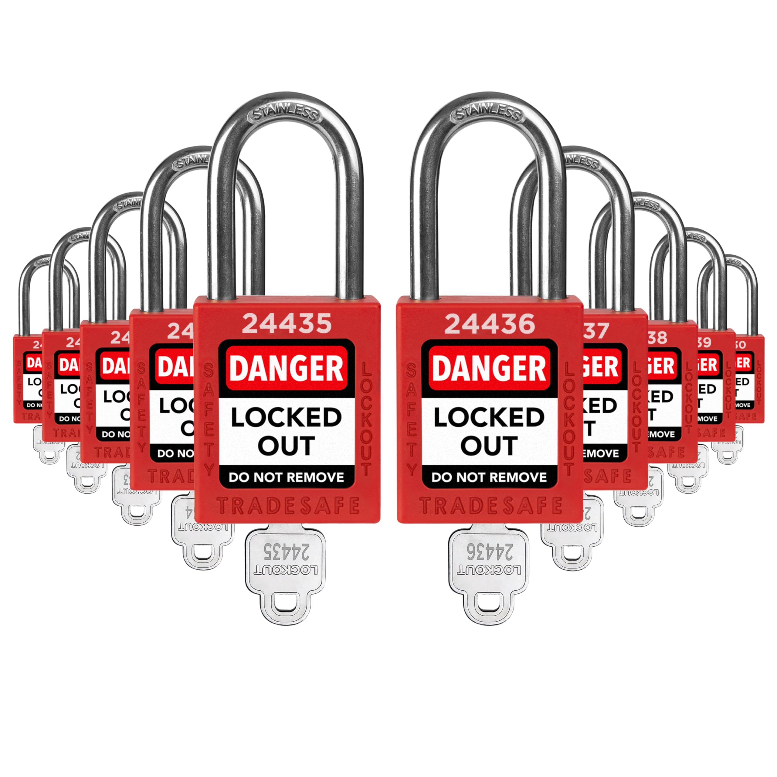 TRADESAFE lockout set ten red LOTO locks for clear safety tagging.