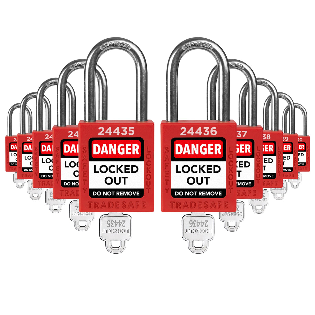 TRADESAFE lockout set ten red LOTO locks for clear safety tagging.