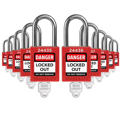 TRADESAFE lockout set ten red LOTO locks for clear safety tagging.