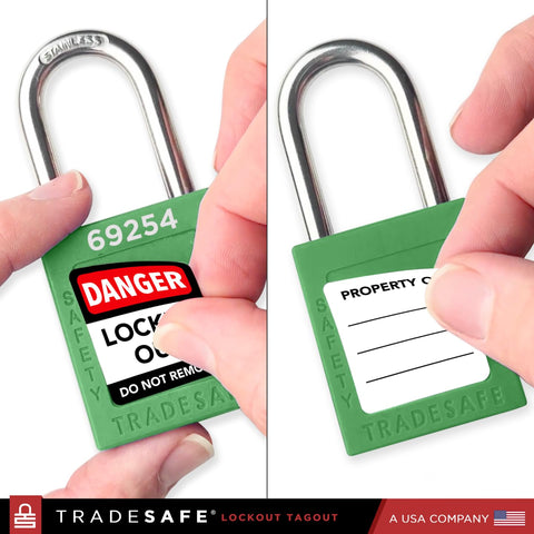 TRADESAFE multilingual labels on LOTO lock front for clear safety messages