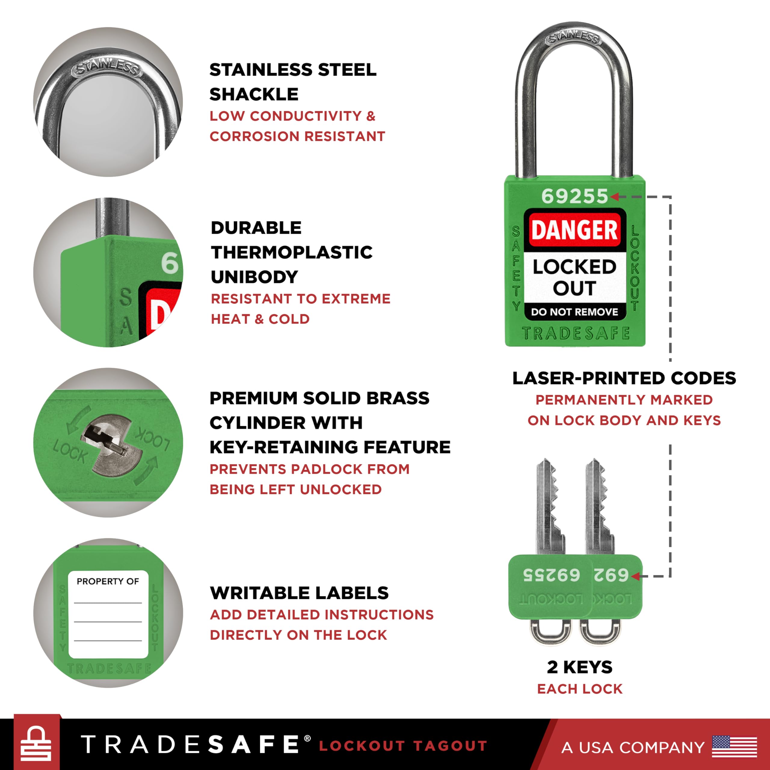 TRADESAFE LOTO lock close-up on stainless steel shackle highlights strength