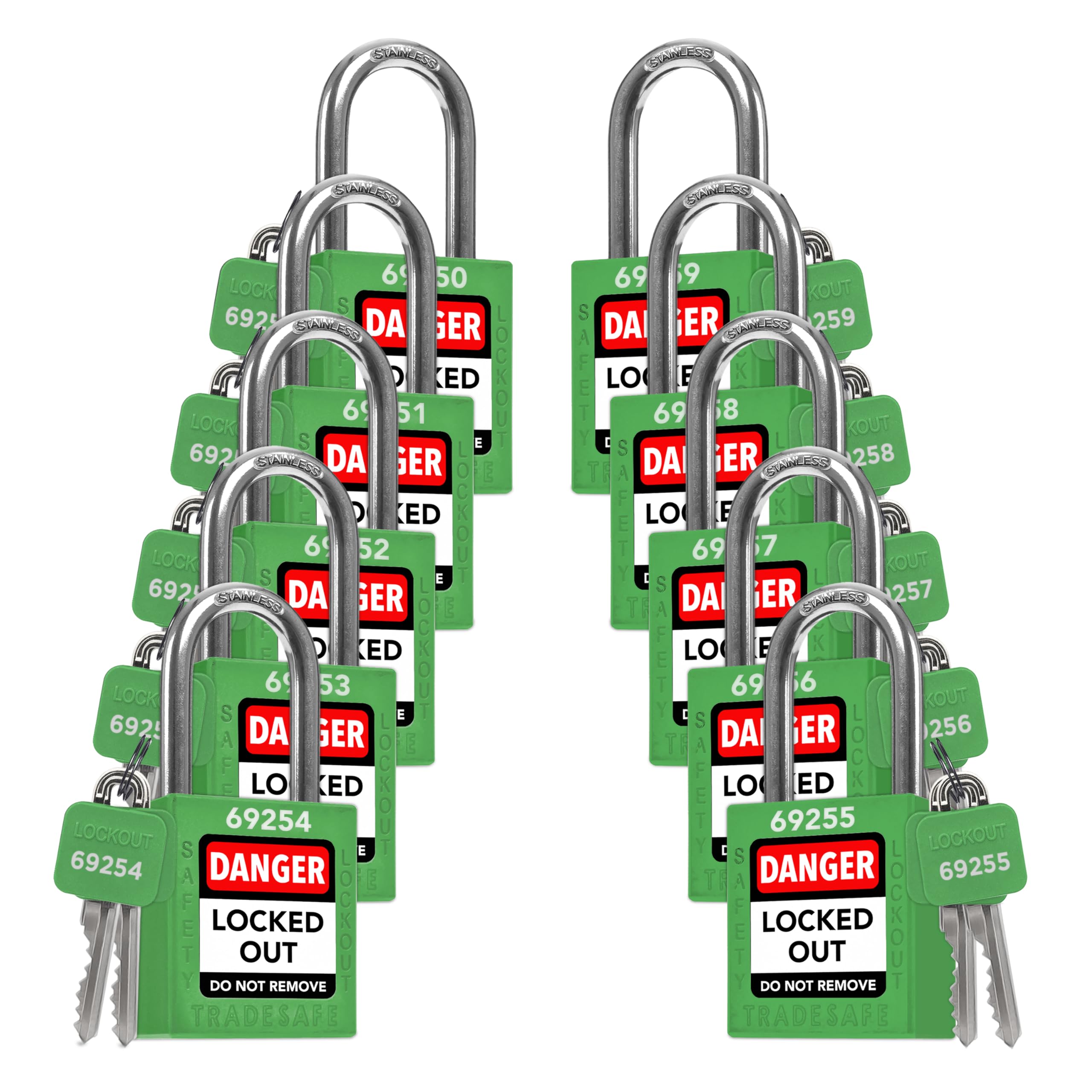 TRADESAFE LOTO locks green 10-pack front view for quick identification