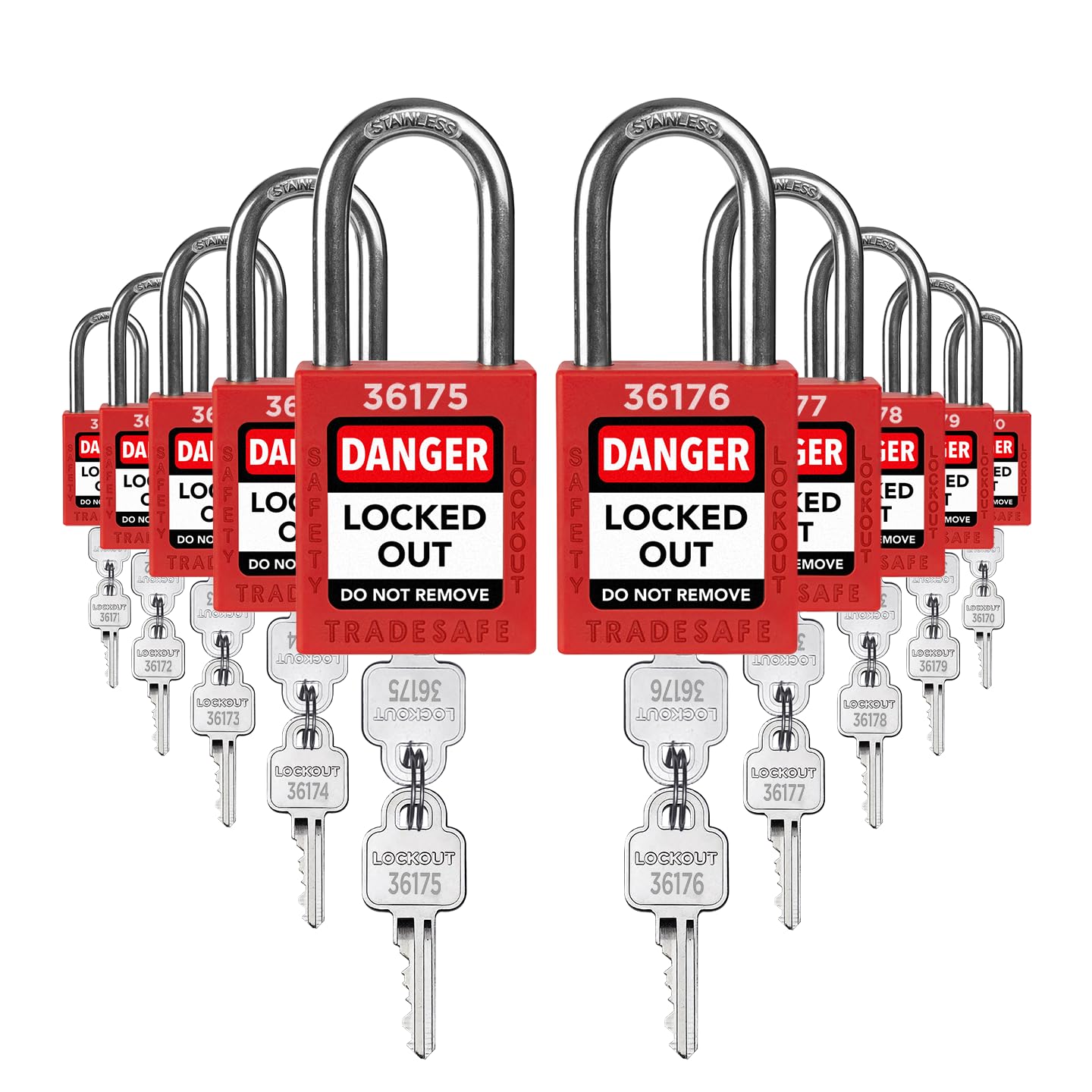 TRADESAFE LOTO locks red 10-pack for quick, compliant lockout workflows