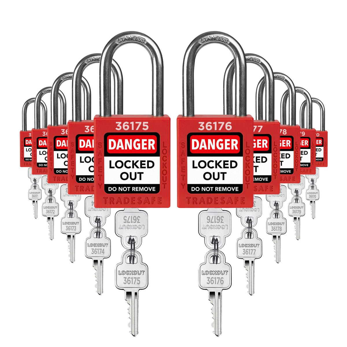 TRADESAFE LOTO locks red 10-pack for quick, compliant lockout workflows