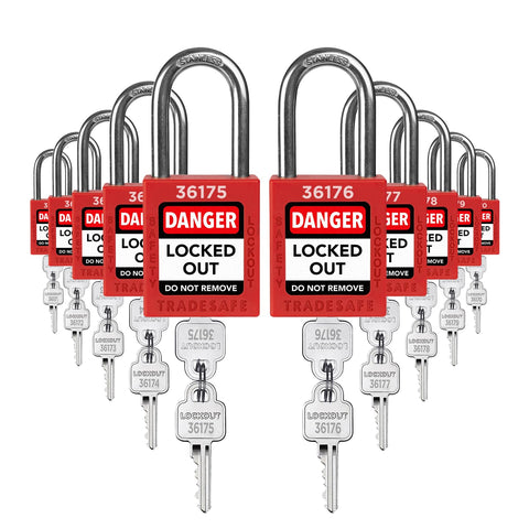 TRADESAFE LOTO locks red 10-pack for quick, compliant lockout workflows