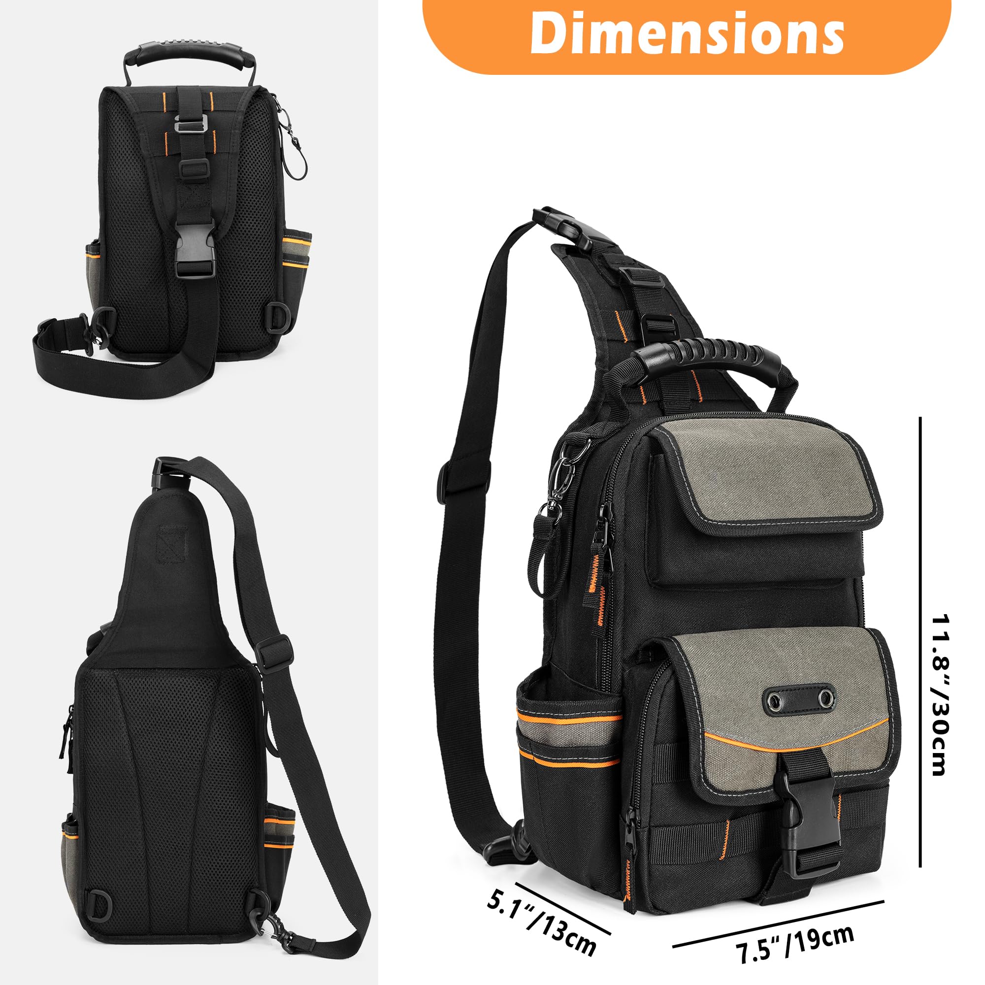 Trahzia tool pouch features MOLLE webbing for extra tool attachment.