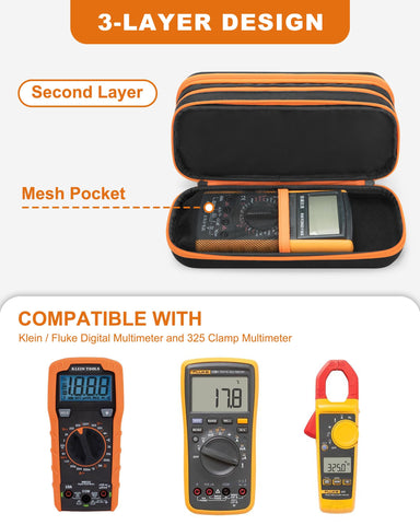 Trahzia 3-layer design organizes meters, leads, and pens efficiently.