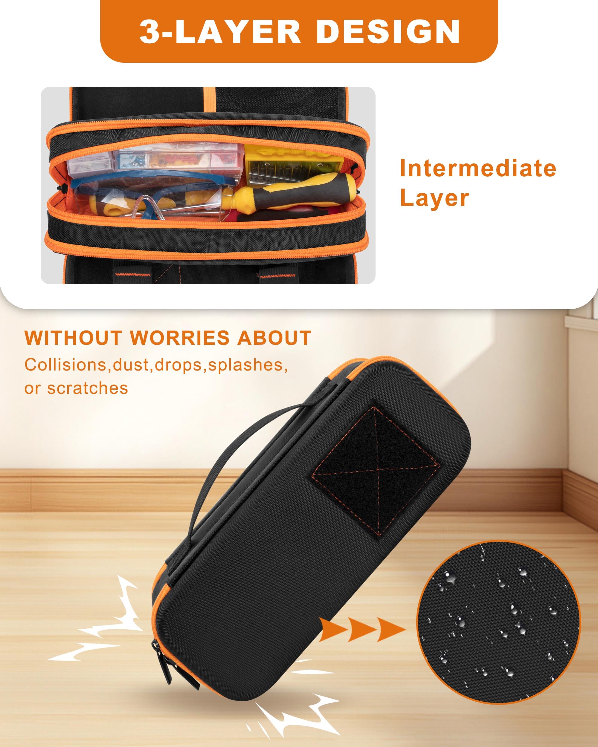 Trahzia bottom compartment keeps digital multimeter neatly stowed.