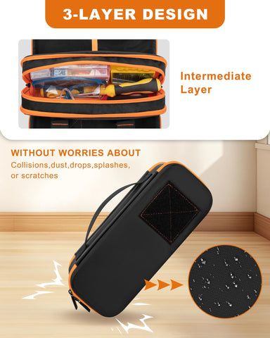 Trahzia bottom compartment keeps digital multimeter neatly stowed.