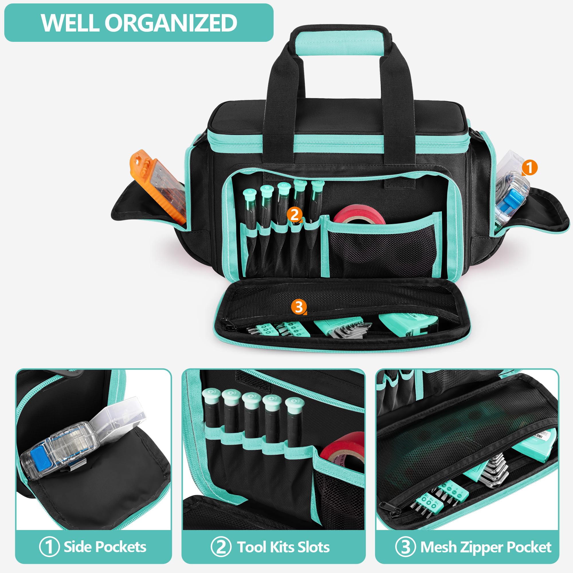 Detachable divider inside Trahzia tote bag keeps tools organized.