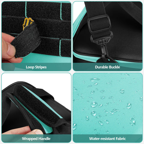 Front accessory pocket on Trahzia tote bag stores small tools.