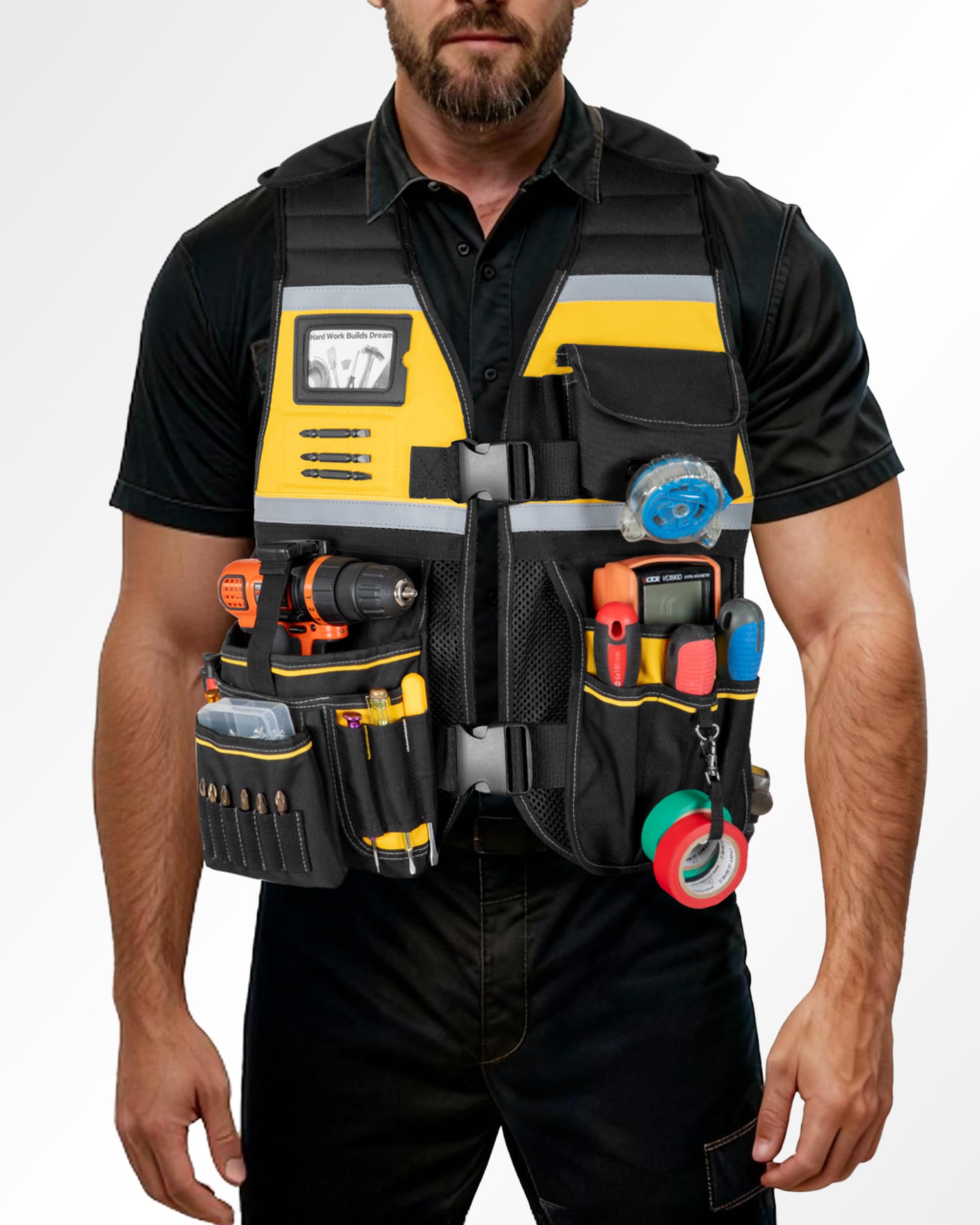 Trahzia tool vest adjustable strap for a customized, secure fit during long workdays.