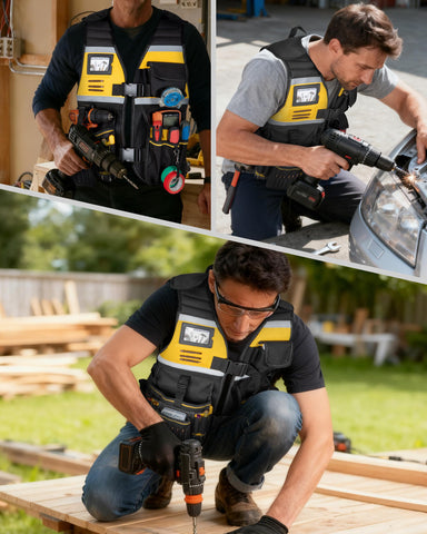 Trahzia tool vest durable Oxford fabric withstands tough work environments.