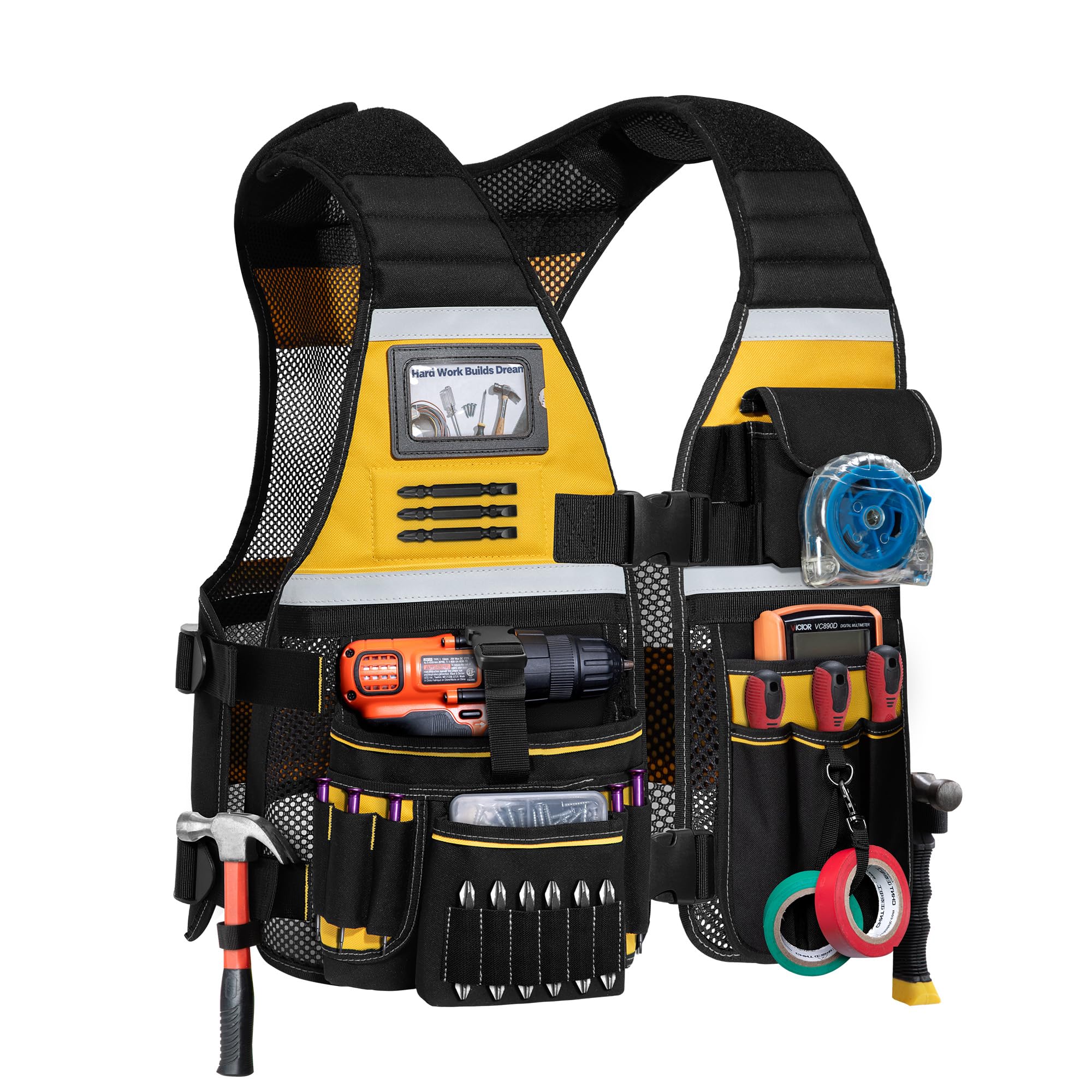 Trahzia tool vest front view highlights safety colors and practical layout for quick tool access.