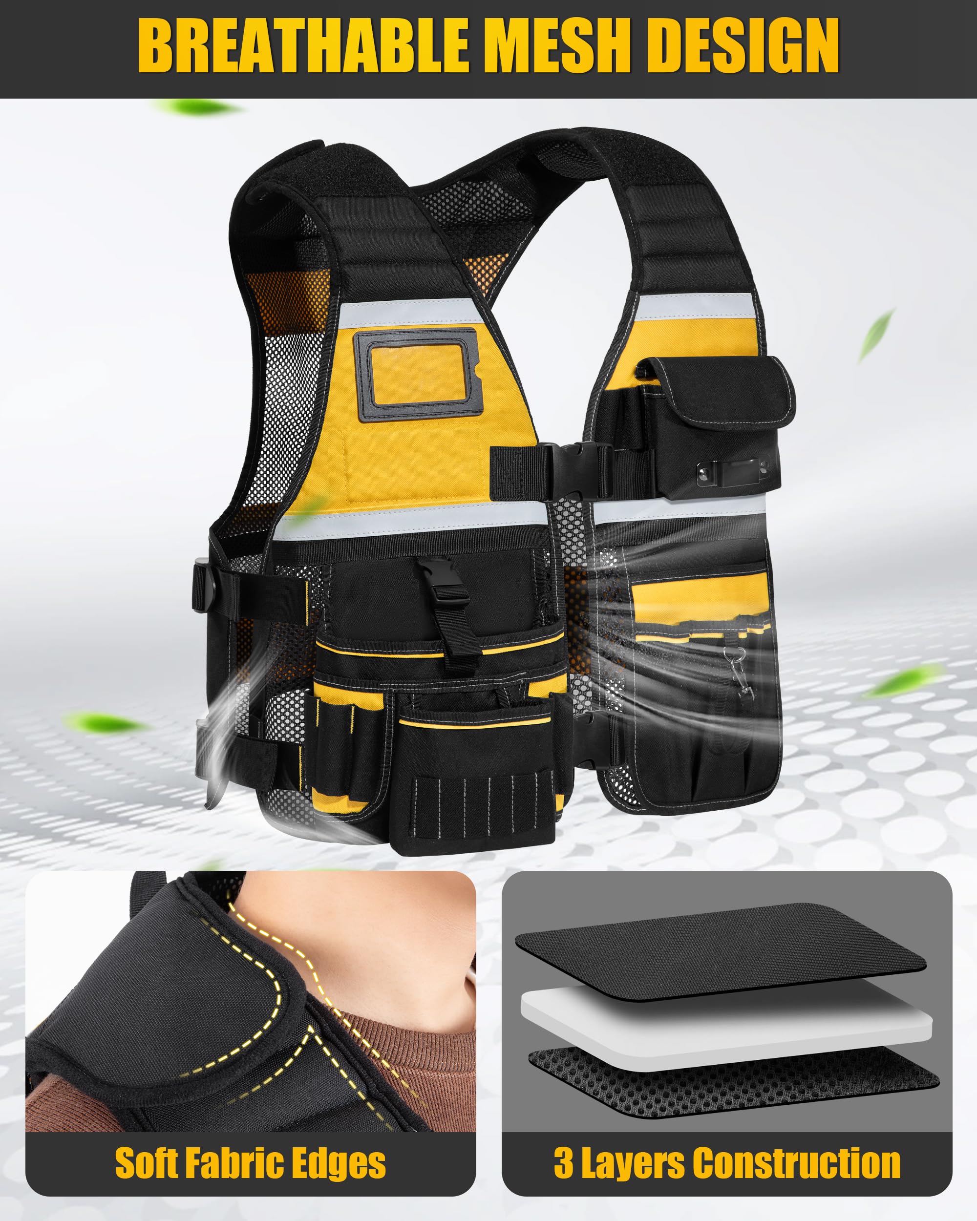 Trahzia tool vest with eight pockets and eleven slots keeps gear organized.