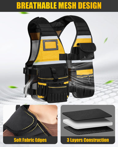 Trahzia tool vest with eight pockets and eleven slots keeps gear organized.