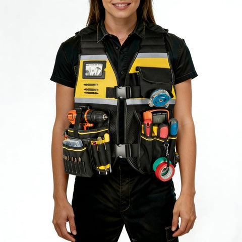 Trahzia tool vest on-site ready with drill holder and tape measures.