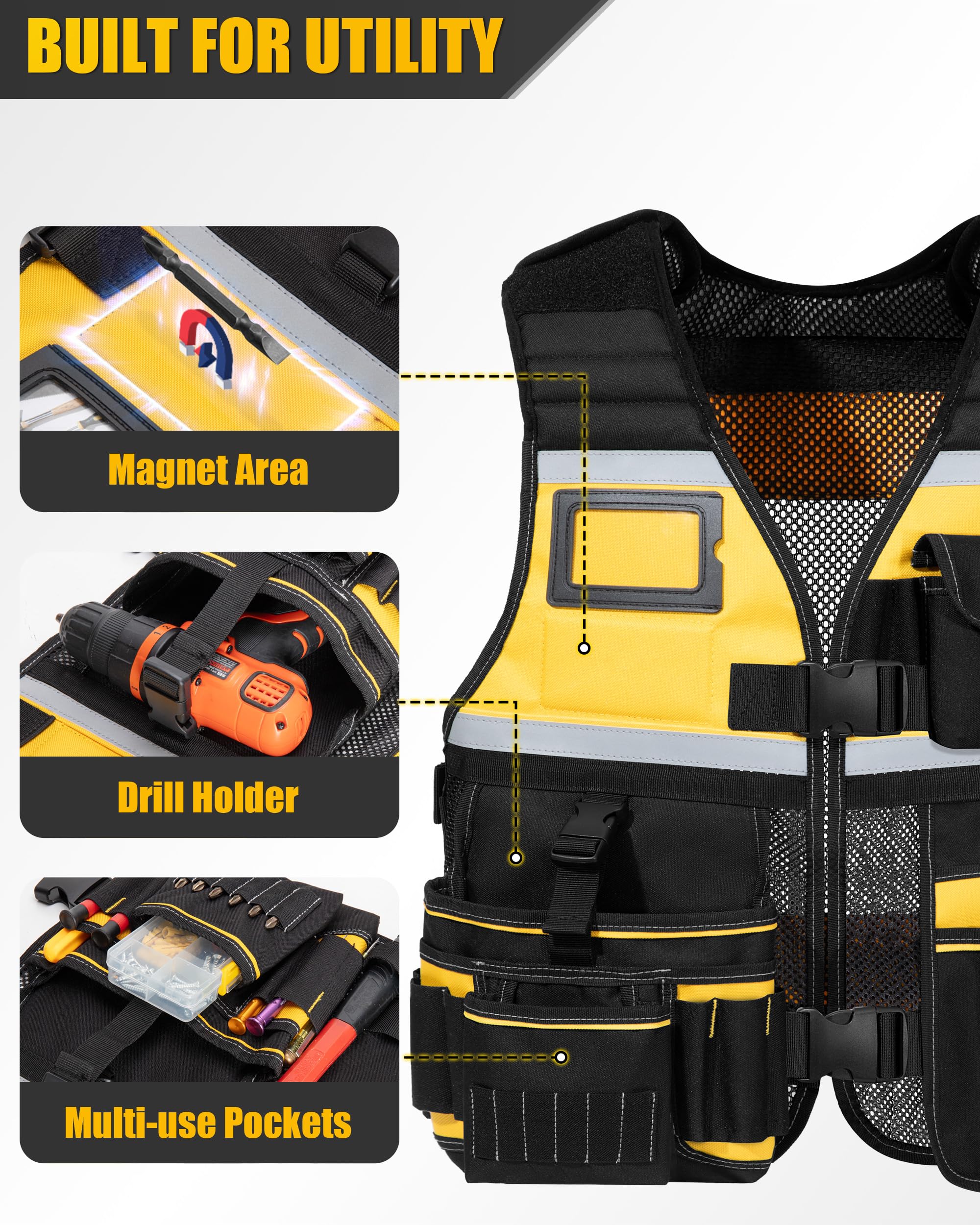Trahzia tool vest reflective strips enhance visibility in low light conditions.