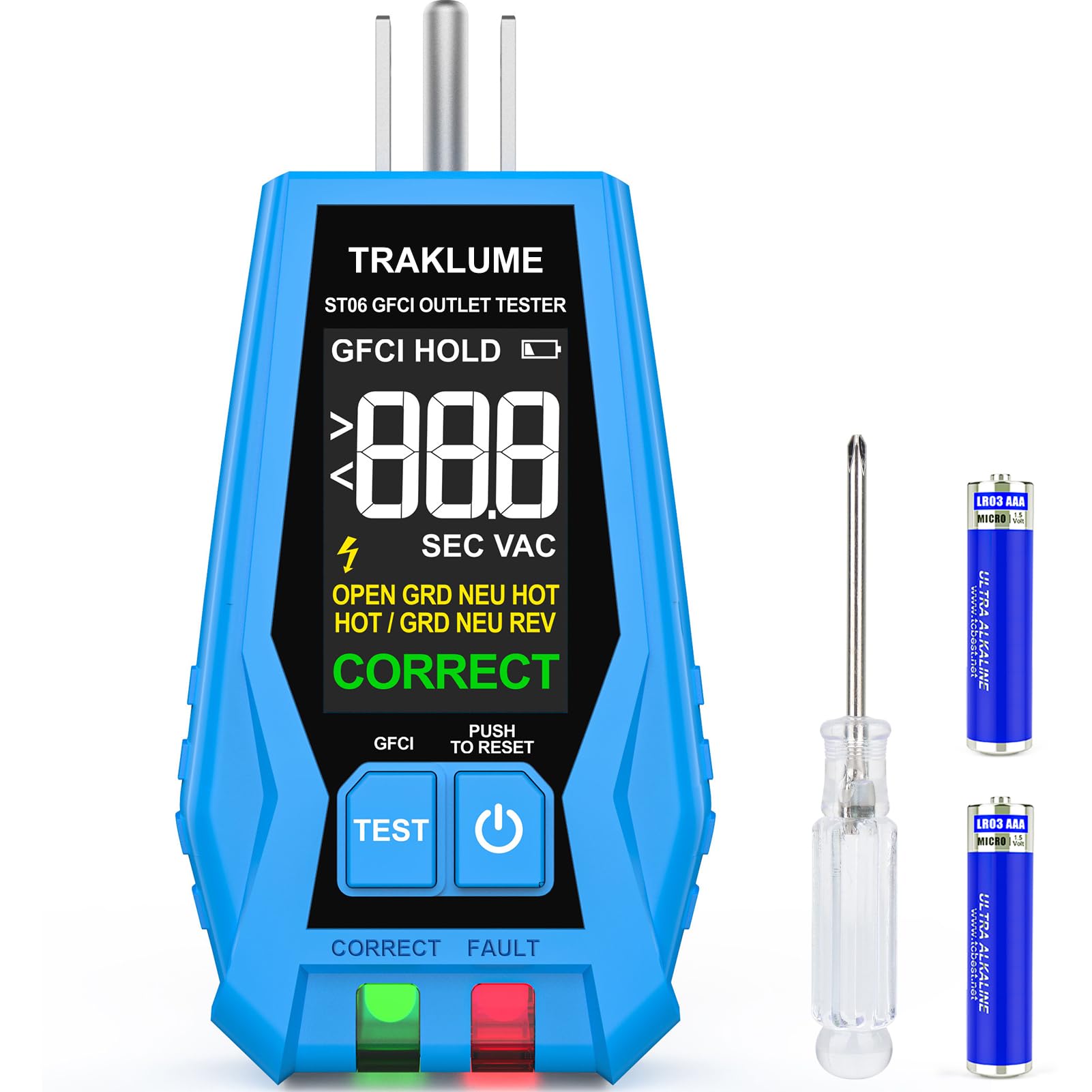 TRAKLUME outlet tester with LCD display for quick voltage checks in any outlet.