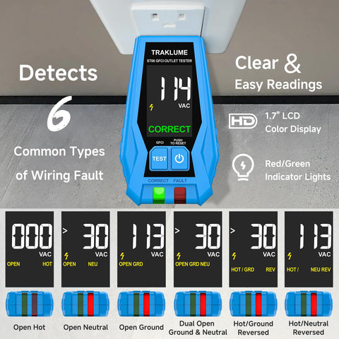 TRAKLUME receptacle tester shows voltage and status on a clear screen.