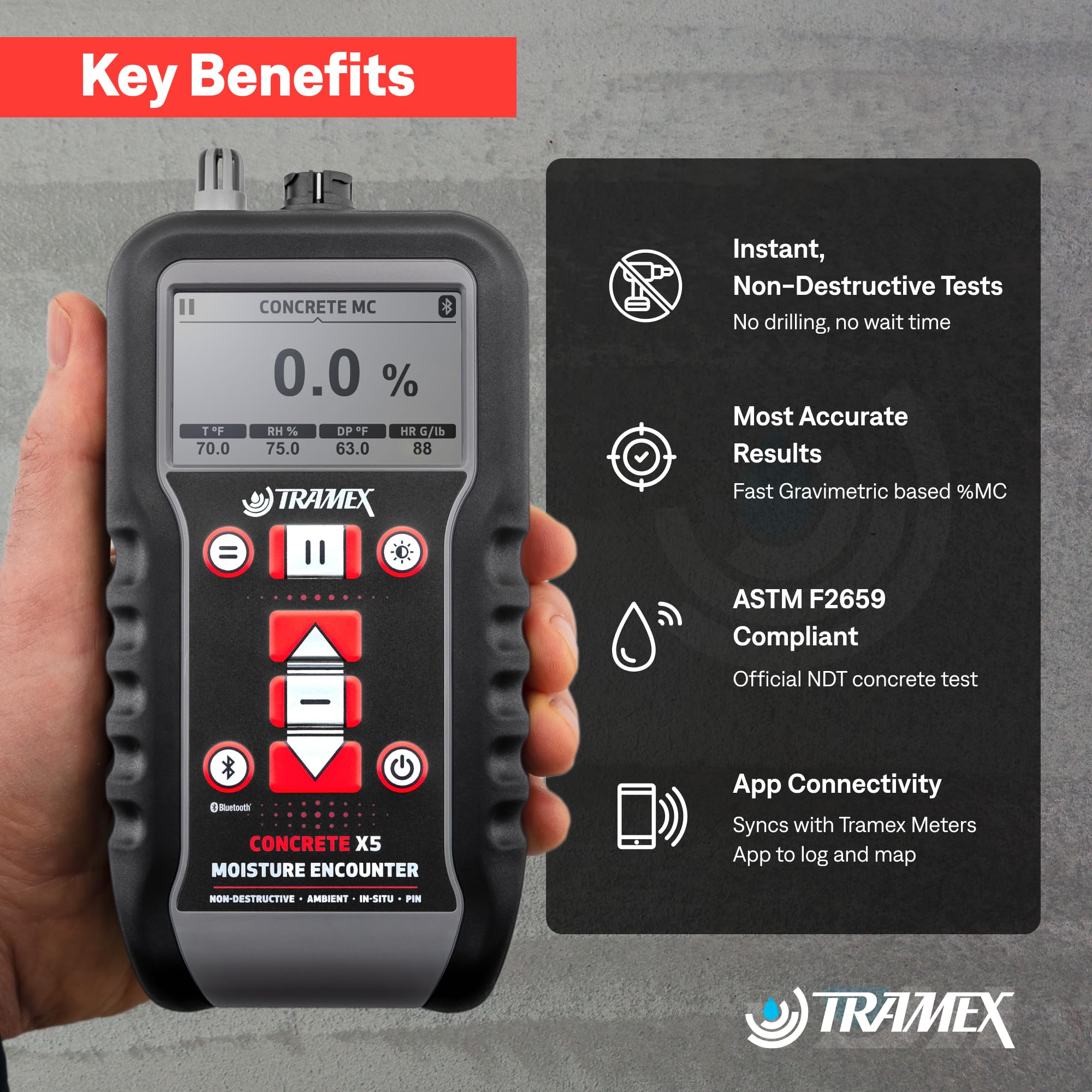 Tramex CME5 concrete-probe-depth reading shows deeper in-situ assessment