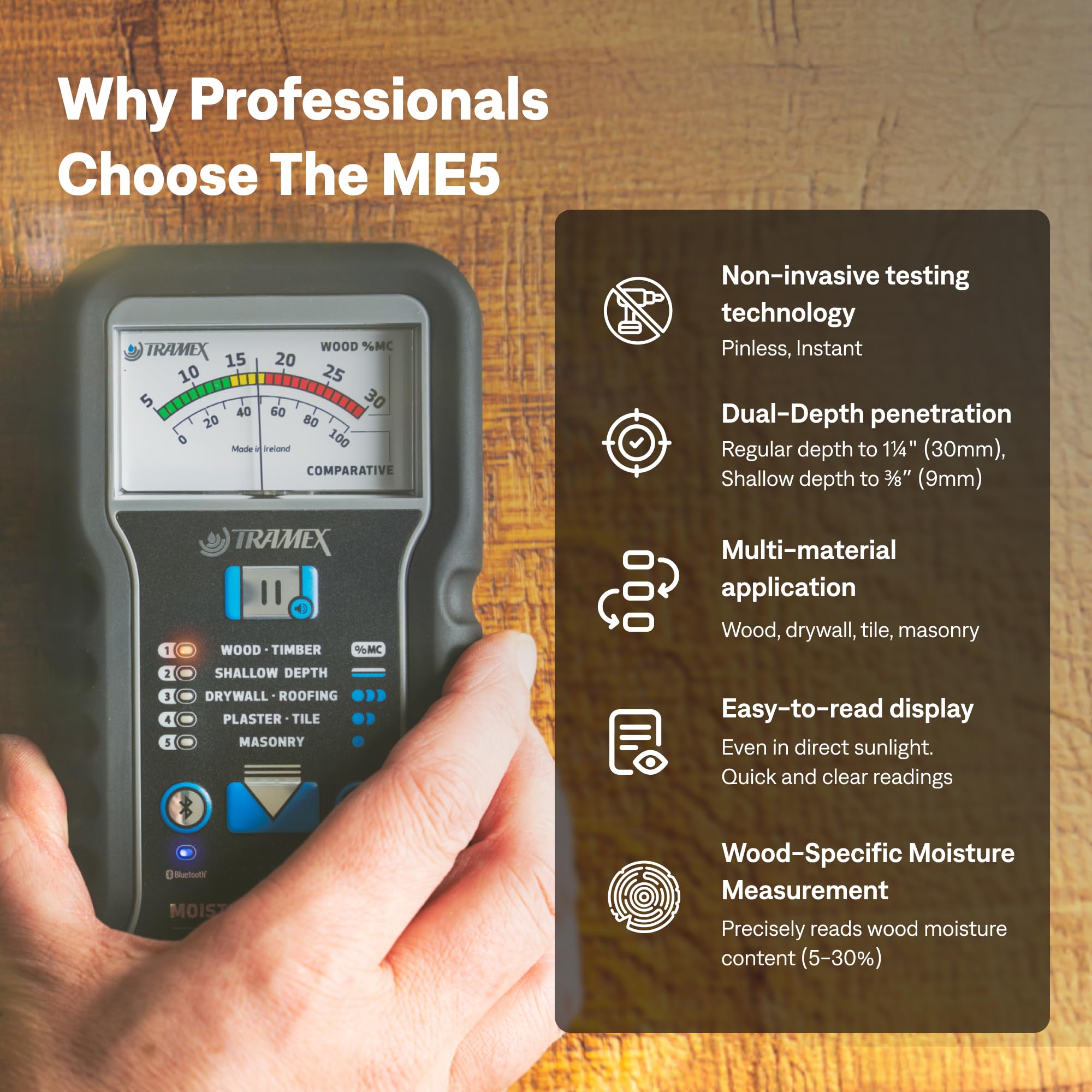 Tramex ME5 depth-test illustrating dual-depth measurement in action