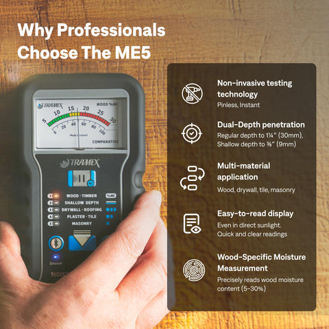 Tramex ME5 depth-test illustrating dual-depth measurement in action