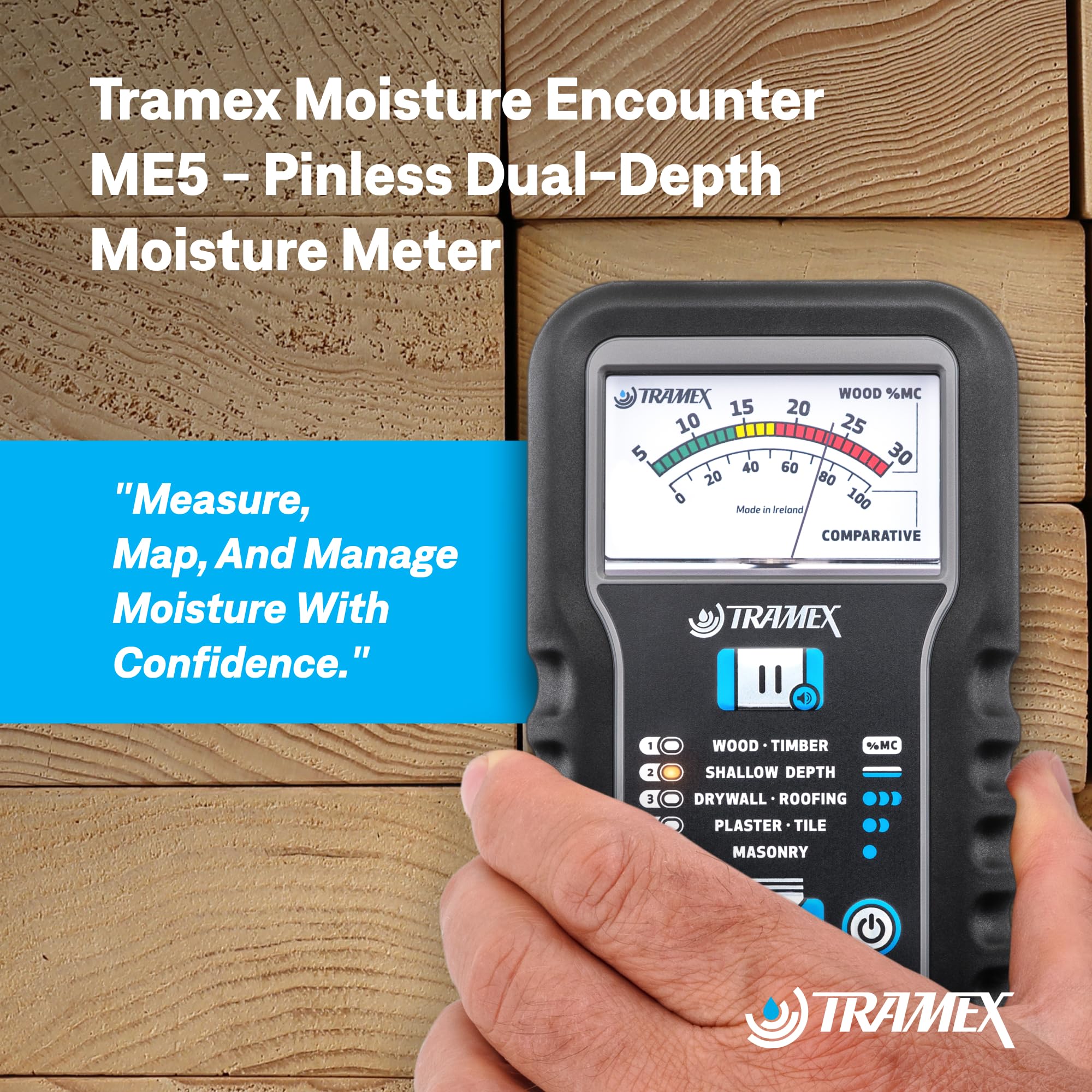 Tramex ME5 display highlighting large analog readout for easy moisture checks
