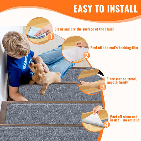 TranquilMoments easy-clean grey treads clean with vacuum or damp wipe.