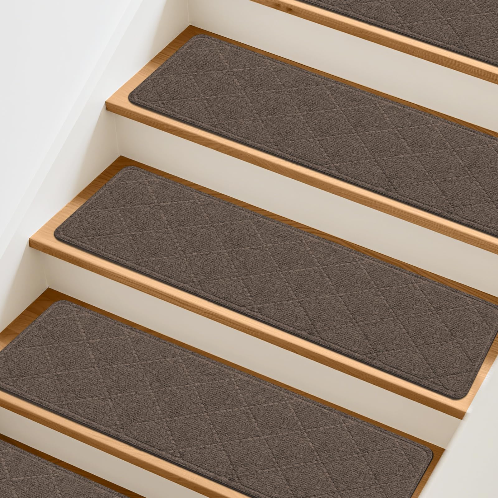 TranquilMoments stair treads with non-slip backing for secure footing on wooden stairs.