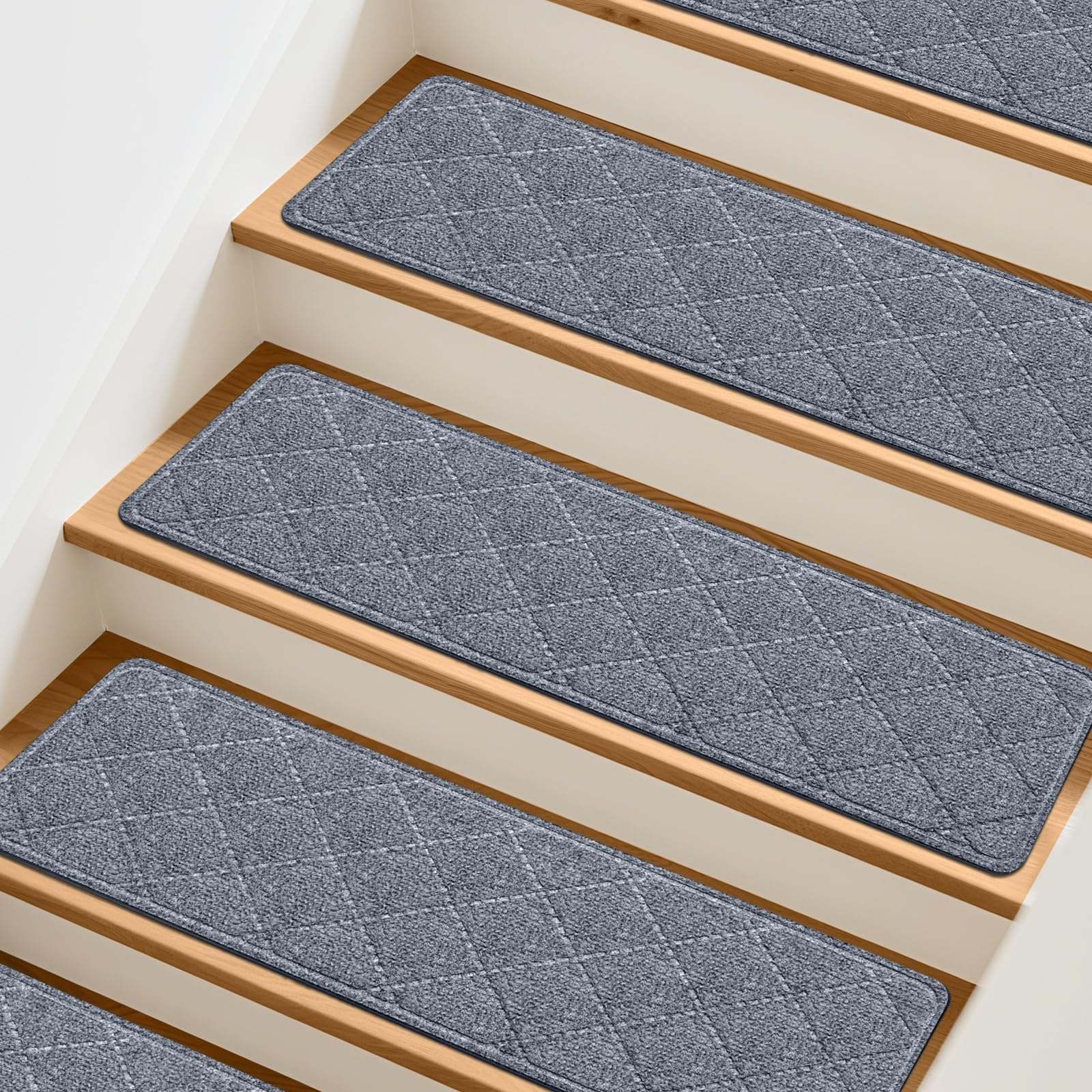 TranquilMoments non-slip grey stair treads on wood stairs for secure footing.