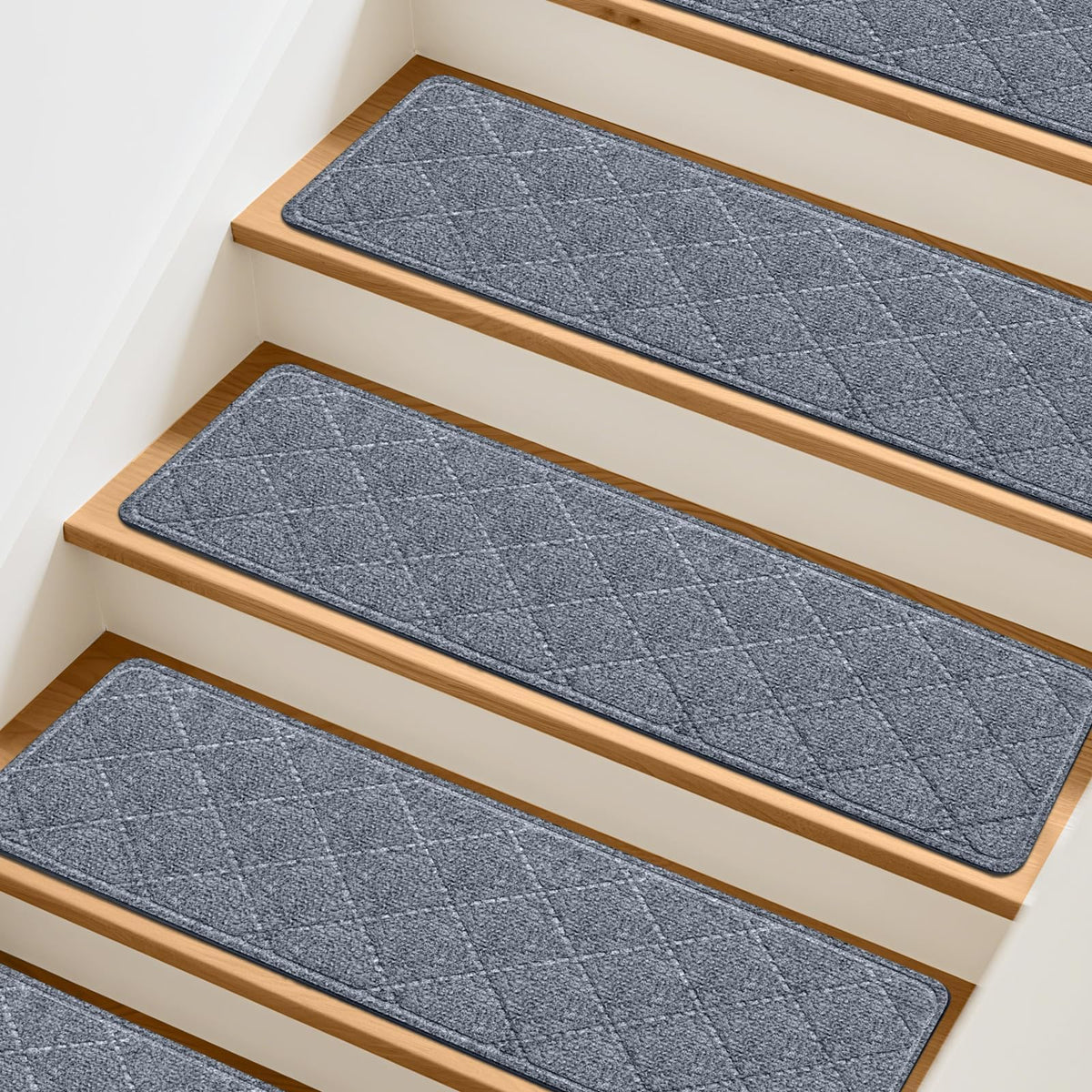 TranquilMoments non-slip grey stair treads on wood stairs for secure footing.