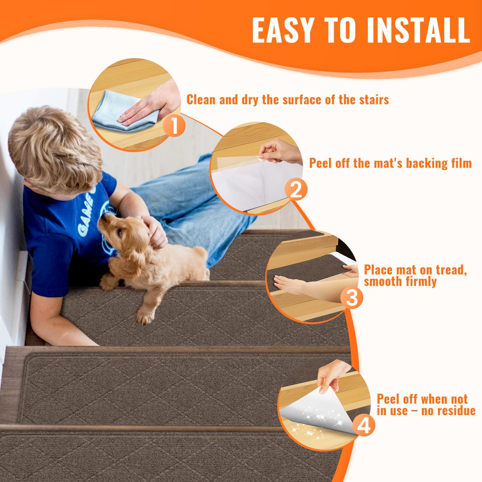 Peel-and-stick backing works on wood and tile without glue for safe use.