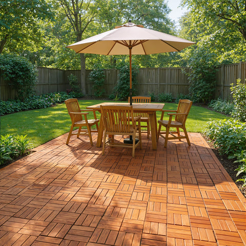 Tranquillo acacia wood patio tiles showcase natural grain and outdoor durability.