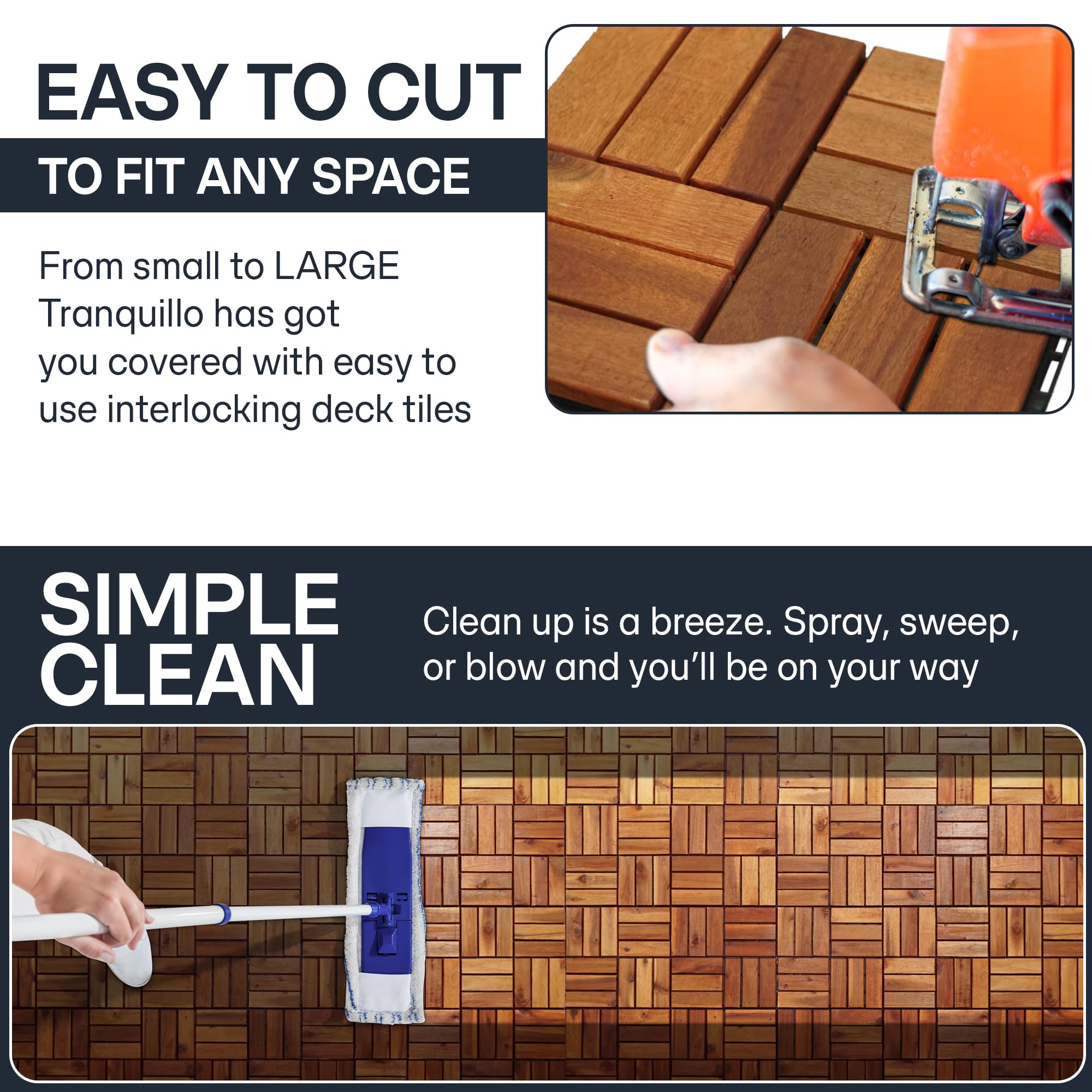 Tranquillo maintenance-friendly tiles; sweep or hose down for easy upkeep.