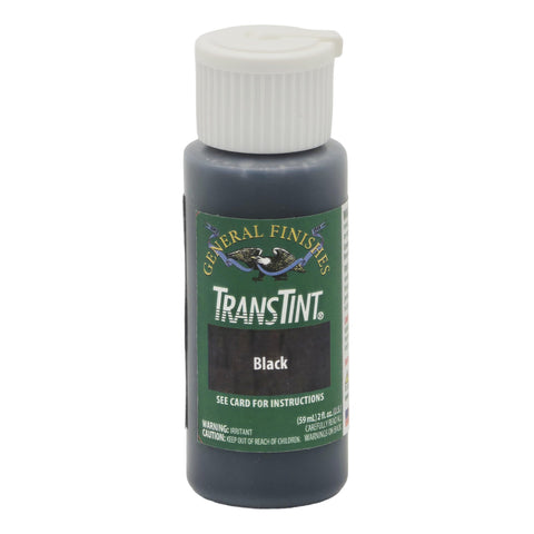 TransTint Black dye bottle for precise color control in wood finishing.