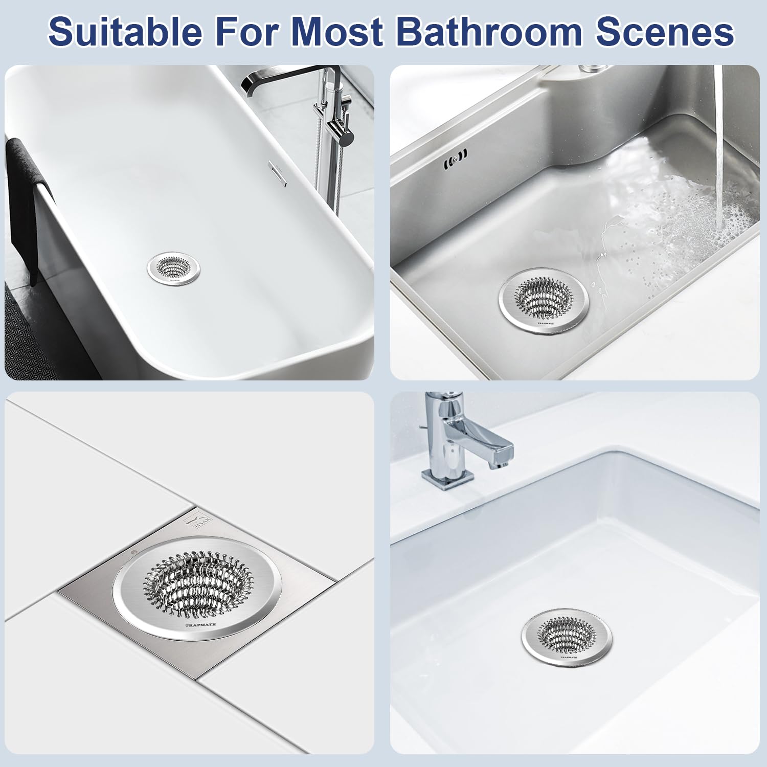 TRAPMATE 304 stainless mesh; robust, ideal for showers, tubs, and sinks.