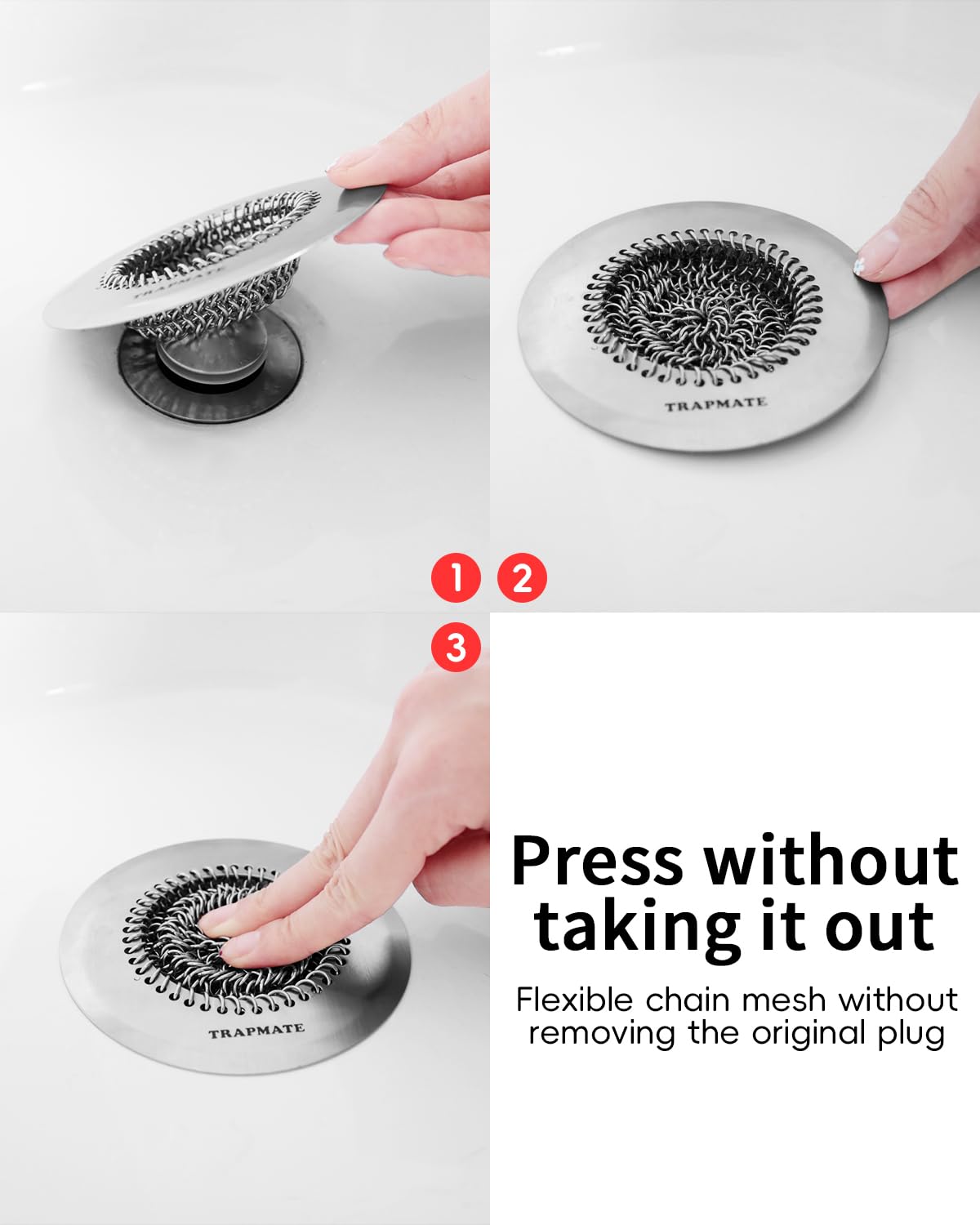 TRAPMATE installed on a bathroom drain for mess-free baths.