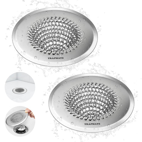 TRAPMATE bathroom drain strainer shows 4.4-inch diameter catching hair effectively.