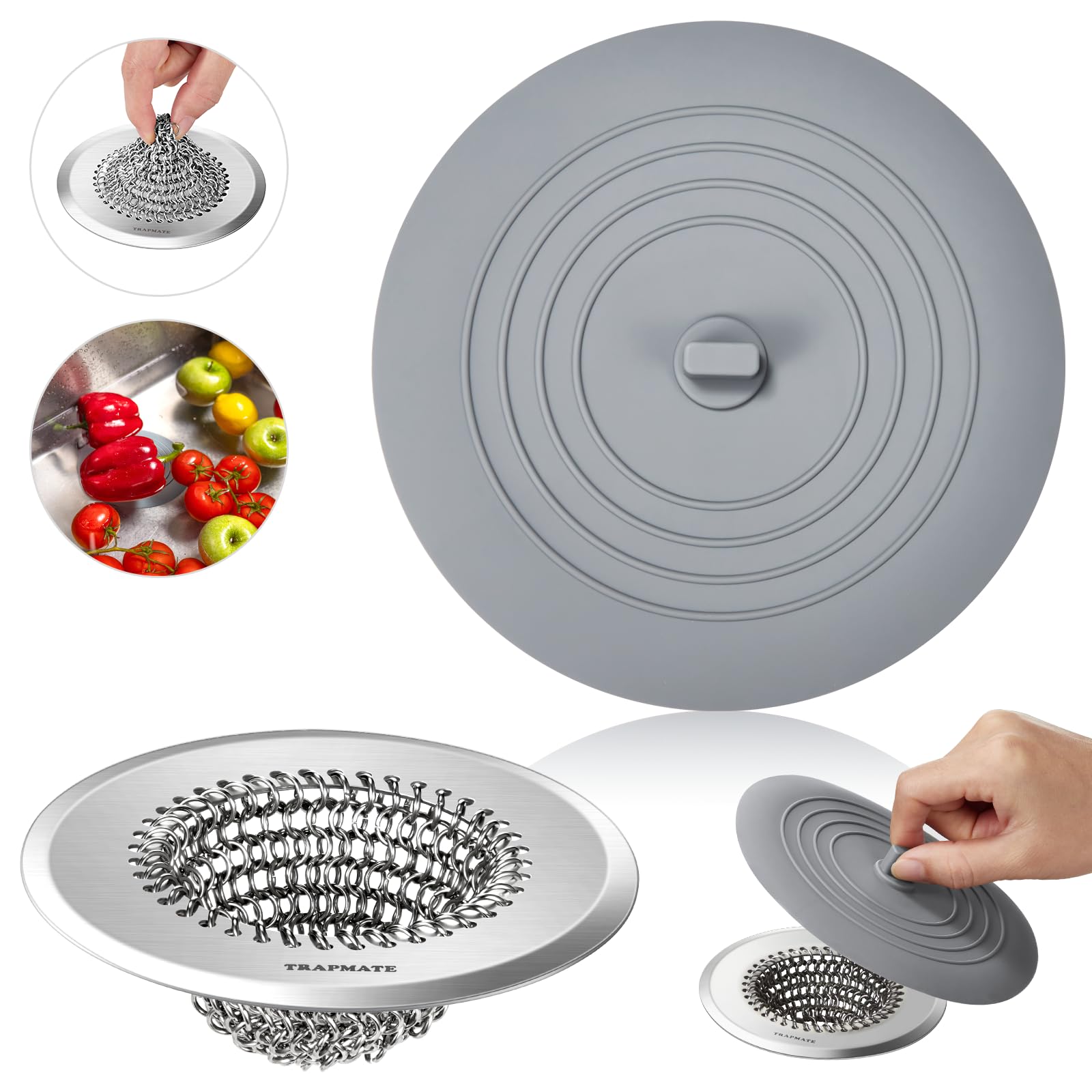 TRAPMATE kitchen sink drain strainer in action catching debris for smooth drains