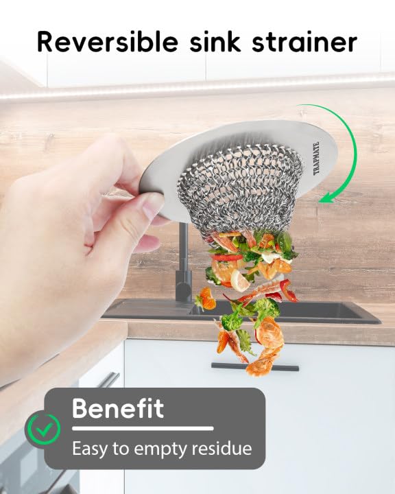 Close-up of TRAPMATE mesh strainer highlighting easy-clean chain net