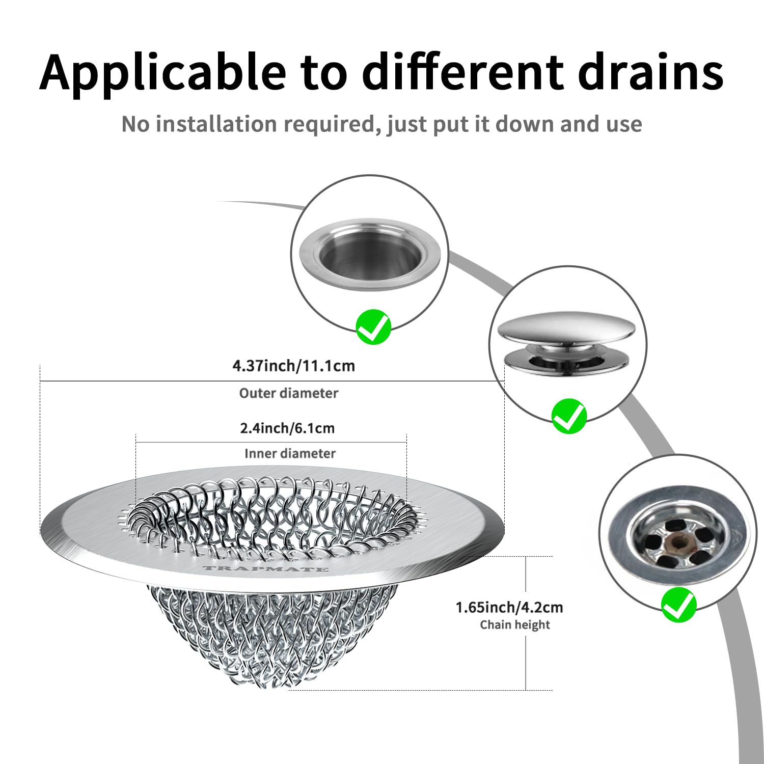 TRAPMATE raised-drain compatible; versatile for various bath/shower setups.