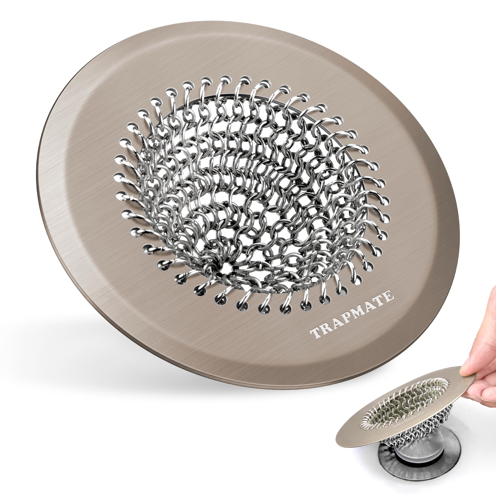 TRAPMATE shower drain hair catcher for brown finishes keeps water flowing.