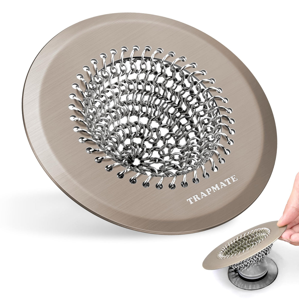 TRAPMATE shower drain hair catcher for brown finishes keeps water flowing.