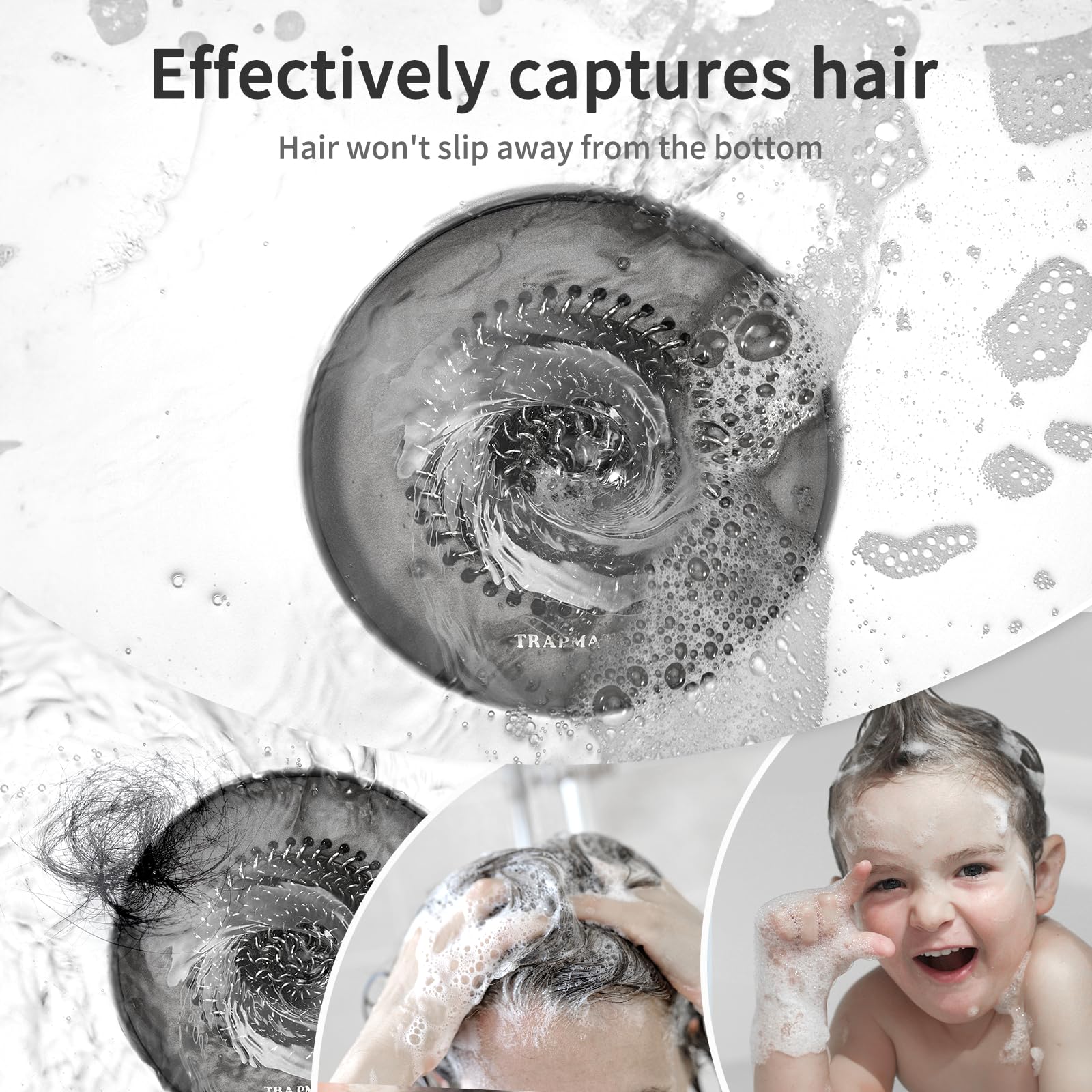 TRAPMATE stainless mesh filters hair while water flows freely