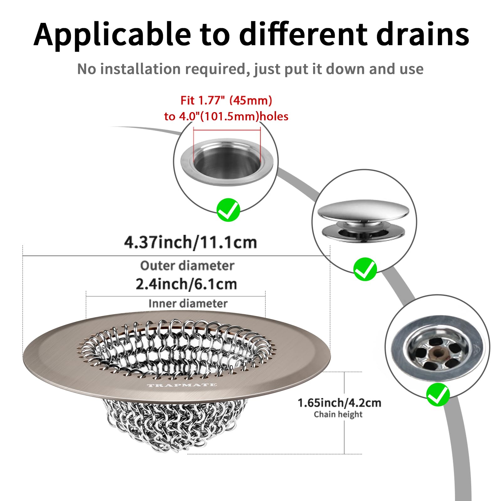 TRAPMATE stainless steel chain mesh captures hair quickly.