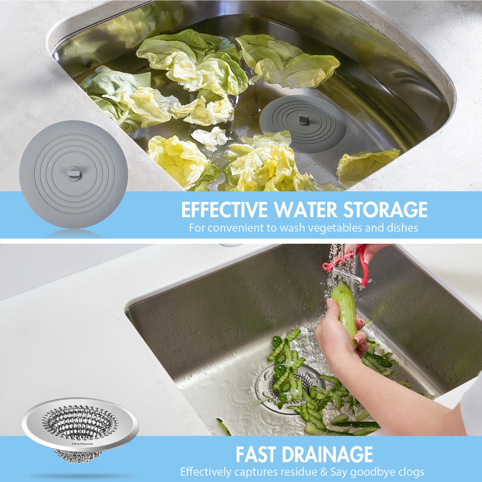 TRAPMATE stainless steel sink stopper preventing clogs while sealing water