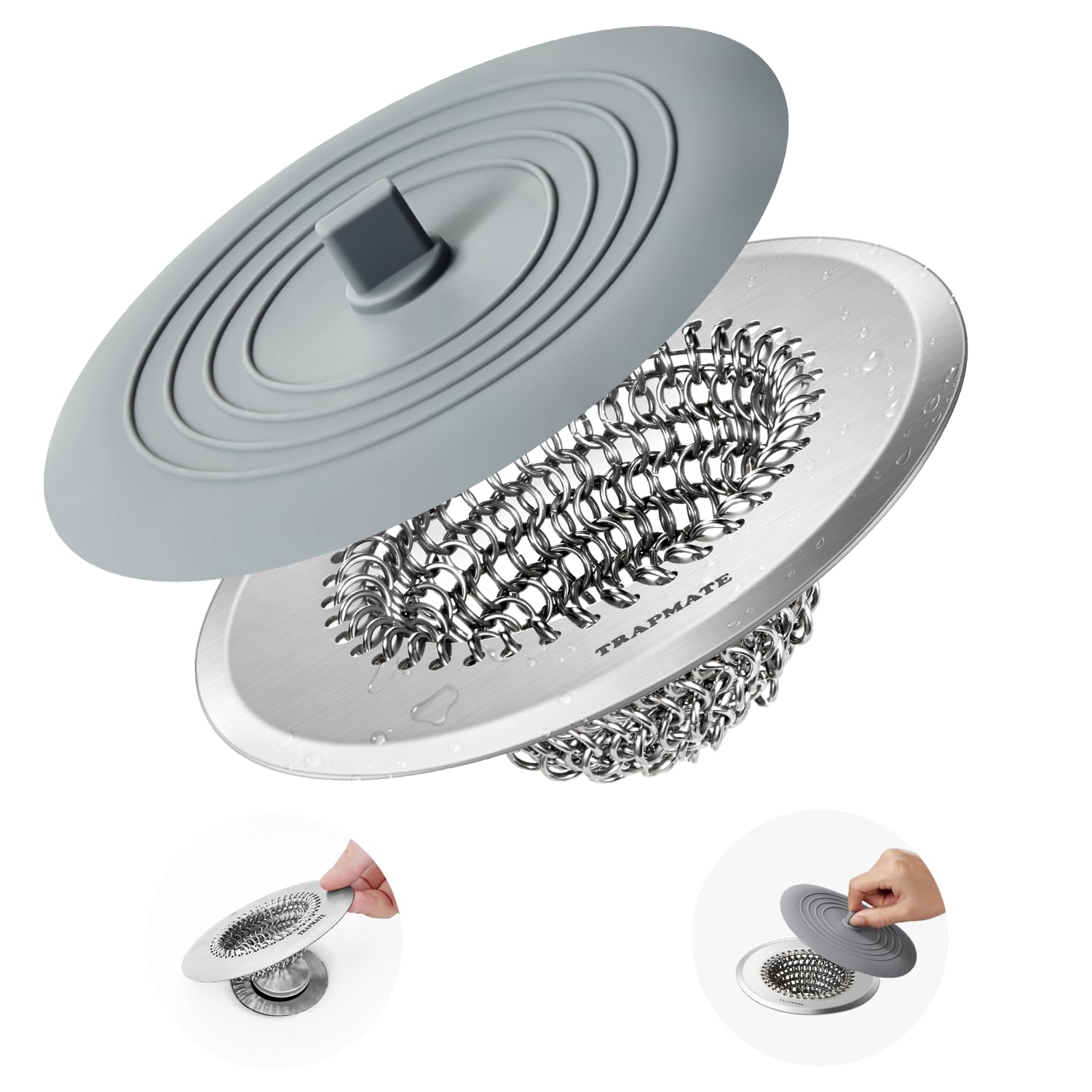 TRAPMATE tub stopper and hair catcher; keeps drains clear during baths.