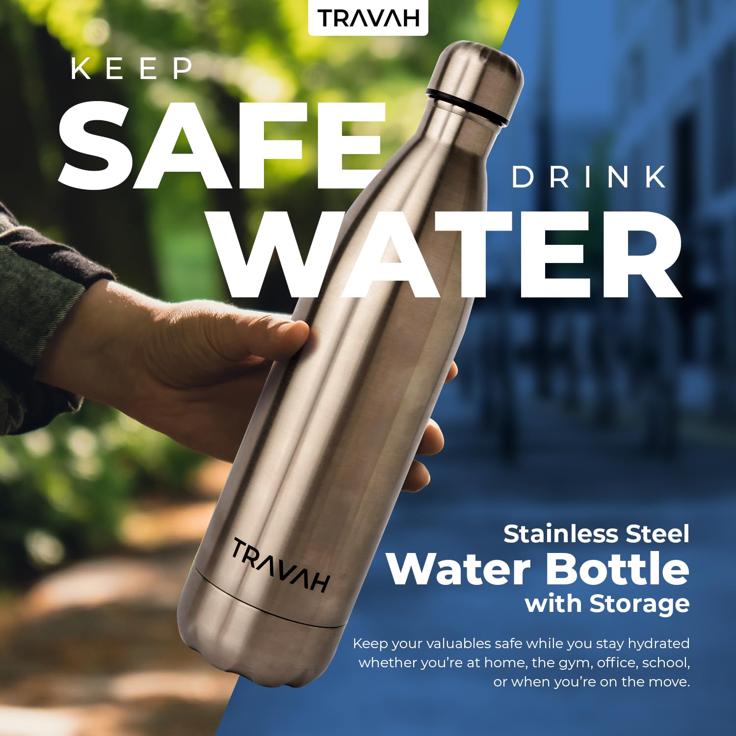 TRAVAH Diversion bottle includes carabiner for secure carrying and on-the-go access.